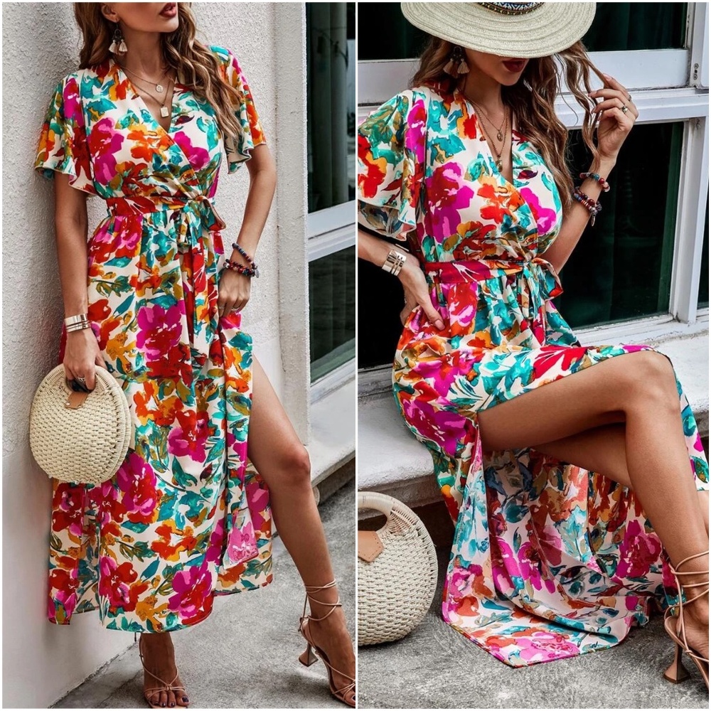 Boho Floral Print Butterfly Sleeve Maxi Dress - Picture 1 of 2